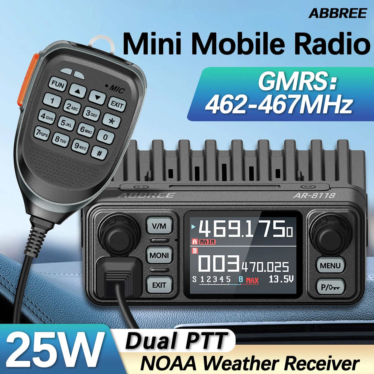 ABBREE AR-8118 GMRS Car Walkie Talkie Mini Mobile Radio 25W 200CH Long Range Dual PTT NOAA VOX HD Vioce Car Radio