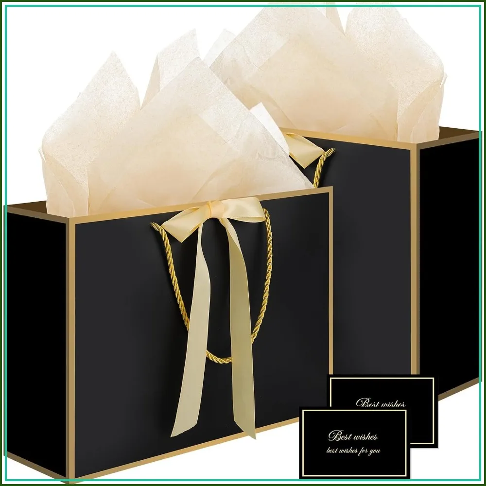 Black Gift Bags with Handles, 14" Medium, 2-Pack with Tissue & Cards