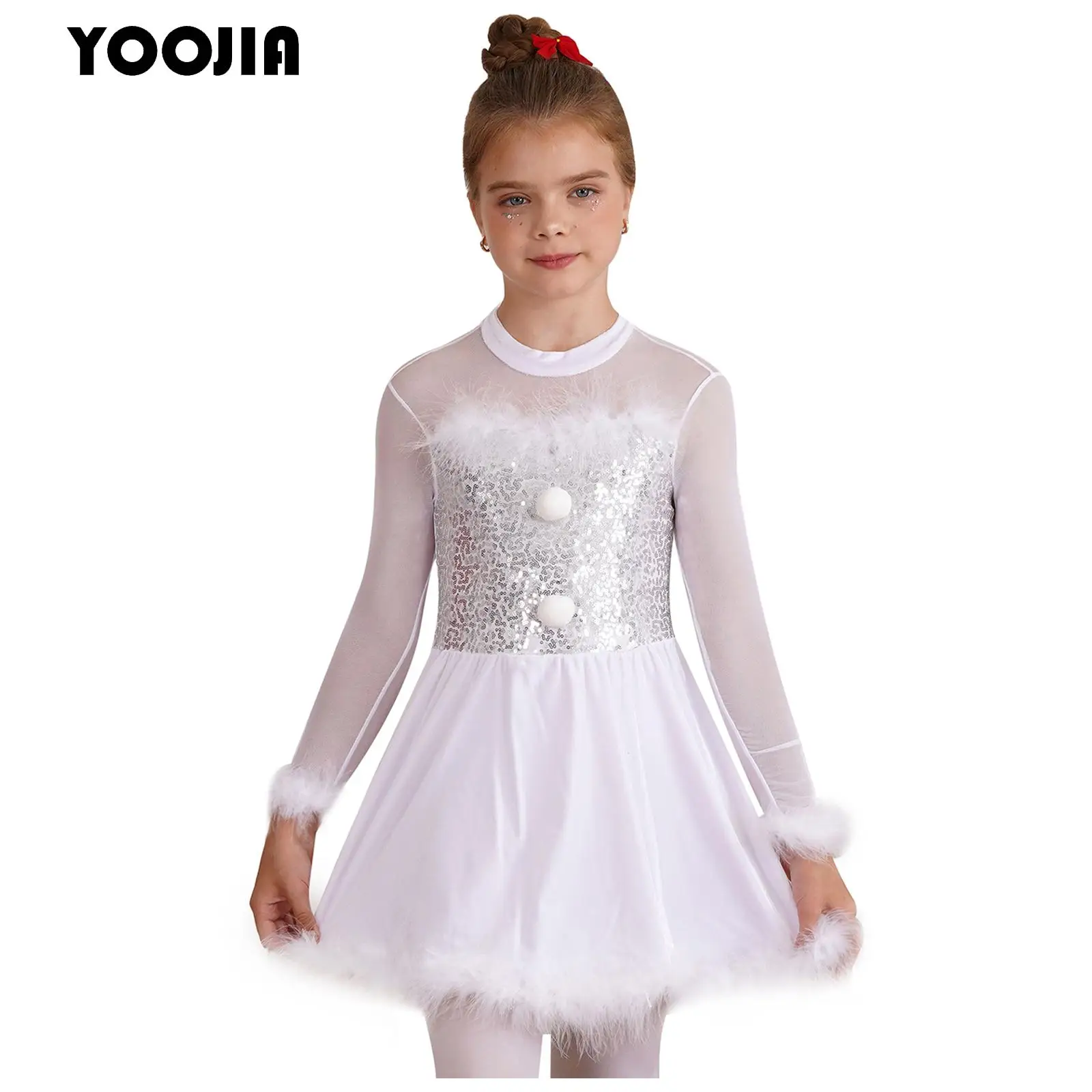 Girls Christmas Dance Costume Santa Claus Frosty Snow-Man Cosplay Long Sleeve Sequin Tutu Ballet Figure Skating Leotard Dress