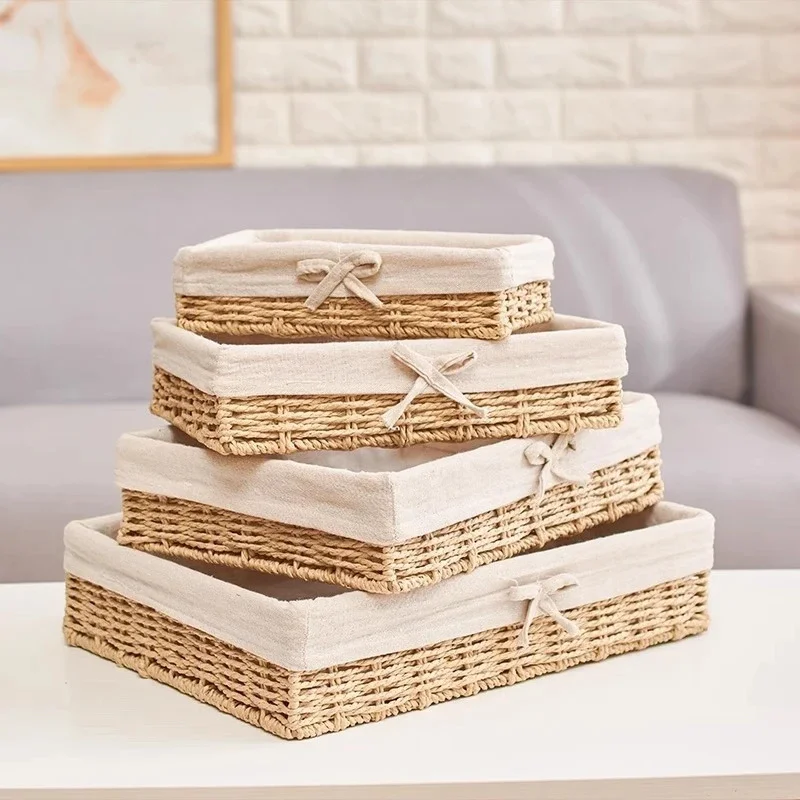 

Cosmetics Box Handwoven Storage Baskets Sundries Organizer With Lid Rectangular Clothes Laundry Basket Towel Toys Container