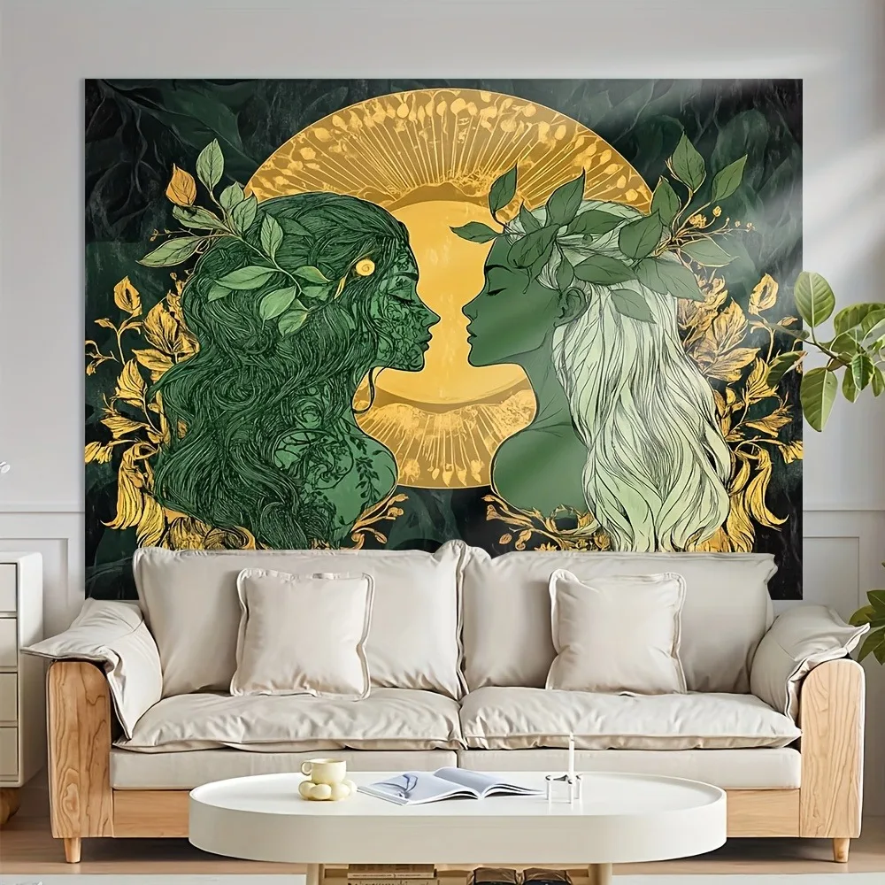 

Green Nature Goddess Tapestry - Luxe Botanical Art Wall Hanging for Elegant Modern Home Decor