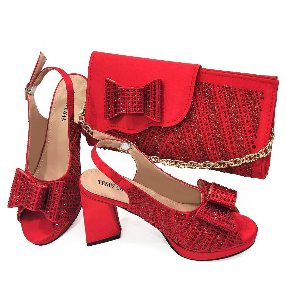 

Italian Style Shoe And Bag Set Combination, Fish Mouth High Heels With Square Clutch Bag (soft)+Rhinestone Flower Mochilas Mujer