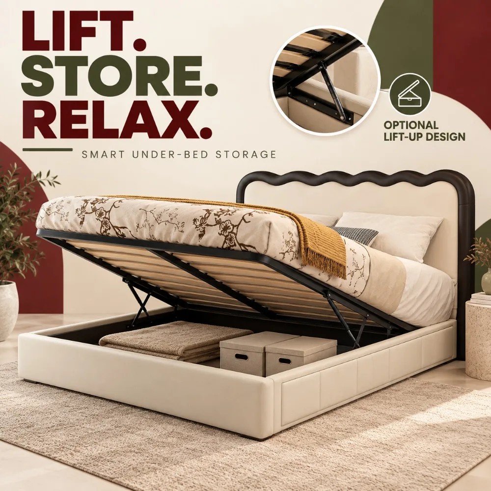 Modern Master Bedroom Double Bed, Vintage Wavy Top‑Grain Leather Headboard, Storage Bed with Drawers, Bedroom Upholstered Bed