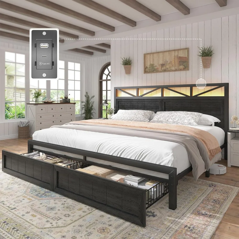 EnHomee King Size Bed Frame with Headboard and Storage, 2 Drawers & LED King Bed Frame with Storage Built in Charging Station,NO