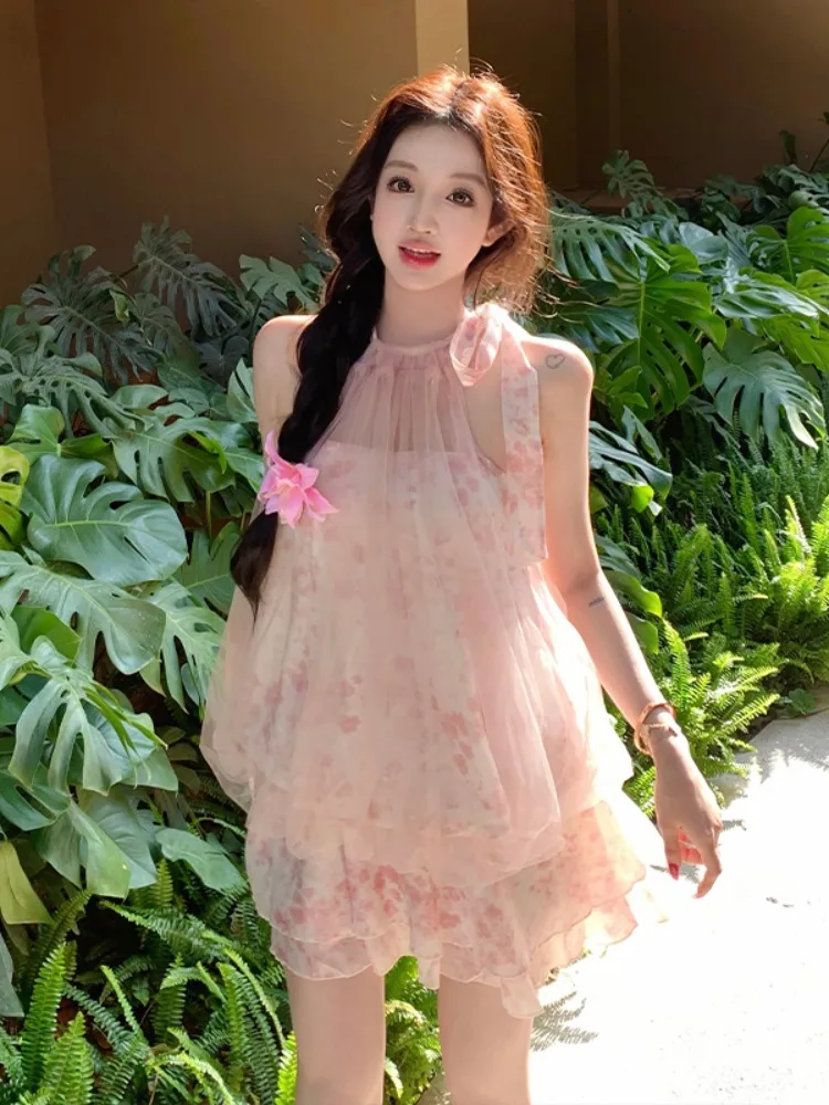 

Summer Vacation Style Mesh Neck Hanging Sleeveless Top Half Skirt Pants Two Piece Set Breathable Elegant Casual Women's Fashion
