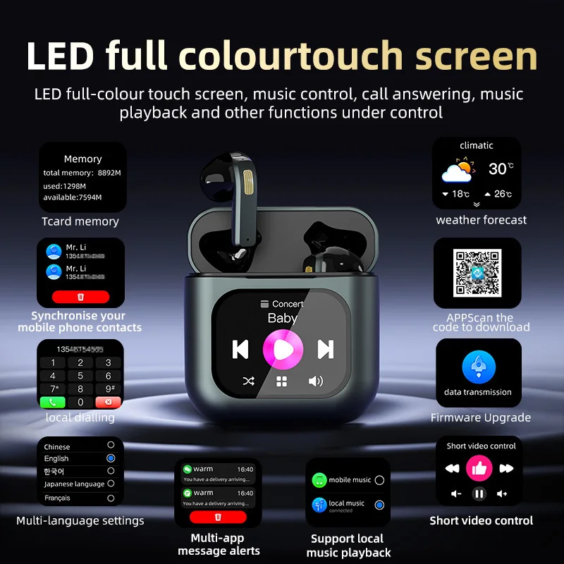 

Smart Screen Touch Bluetooth Earphones Built-in 8GB Storage APP Control Video Switch Noise Reduction Message Reminder Earbuds