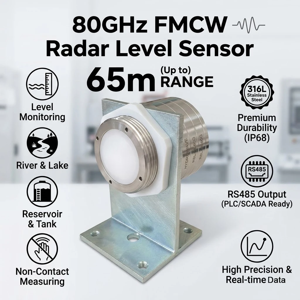 80GHz FMCW Stainless Steel RS485 Radar Water Level Sensor 65m Non-Contact Distance Meter for River and Lake Reservoirs