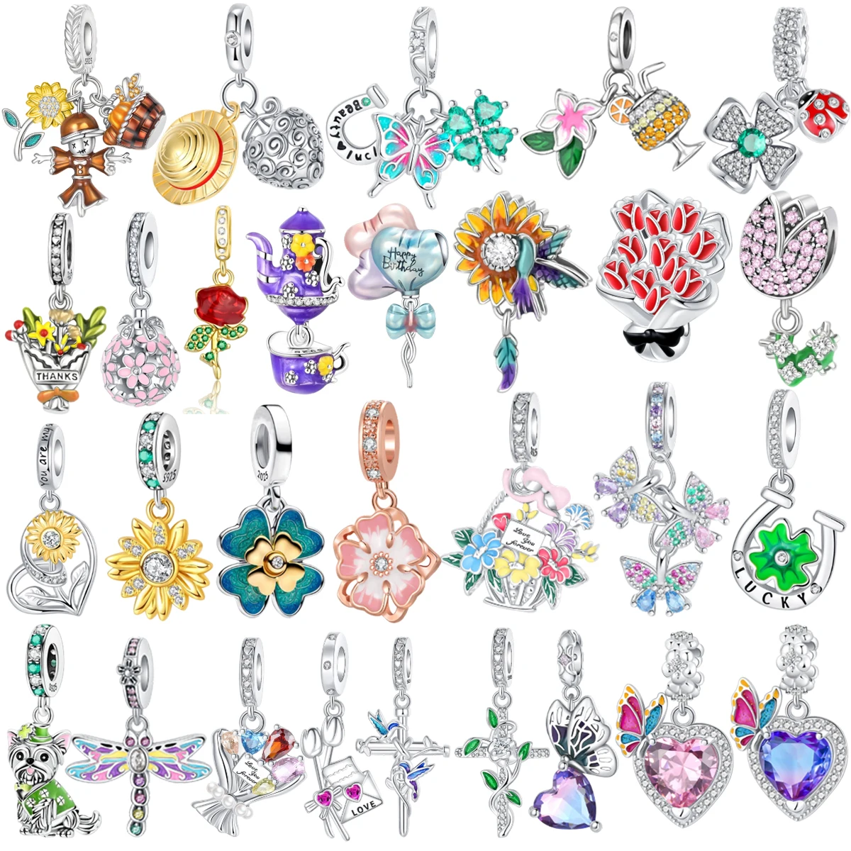

Original 925 Sterling Silver Colorful Flower Charm RosesTulip Daisies Bead Pendant fit Necklace Bracelet Women Jewelry DIY Gift