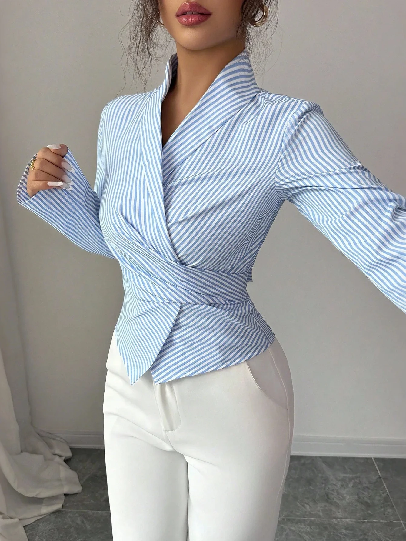 

Waist Cinching Slimming Striped Women's Shirt Long Sleeved Shirt European Irregular Waist Cinch Bow Decoration Shirt