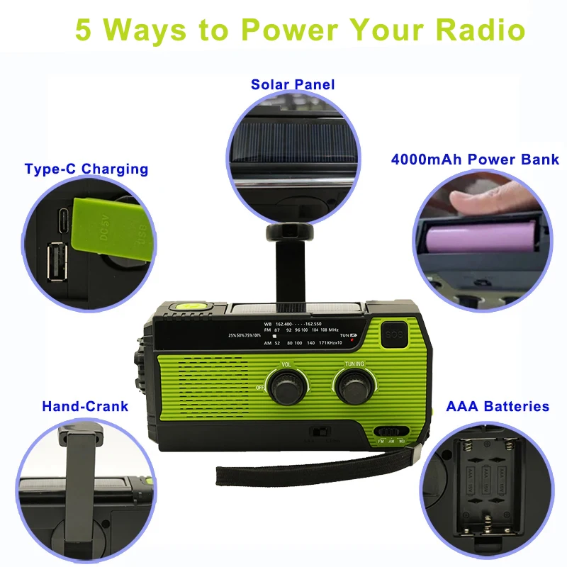 Receptor meteorológico de Radio FM, Radio de manivela Solar multifuncional de 4000mAh, carga USB, Radio de emergencia, linterna LED, prohibición de energía