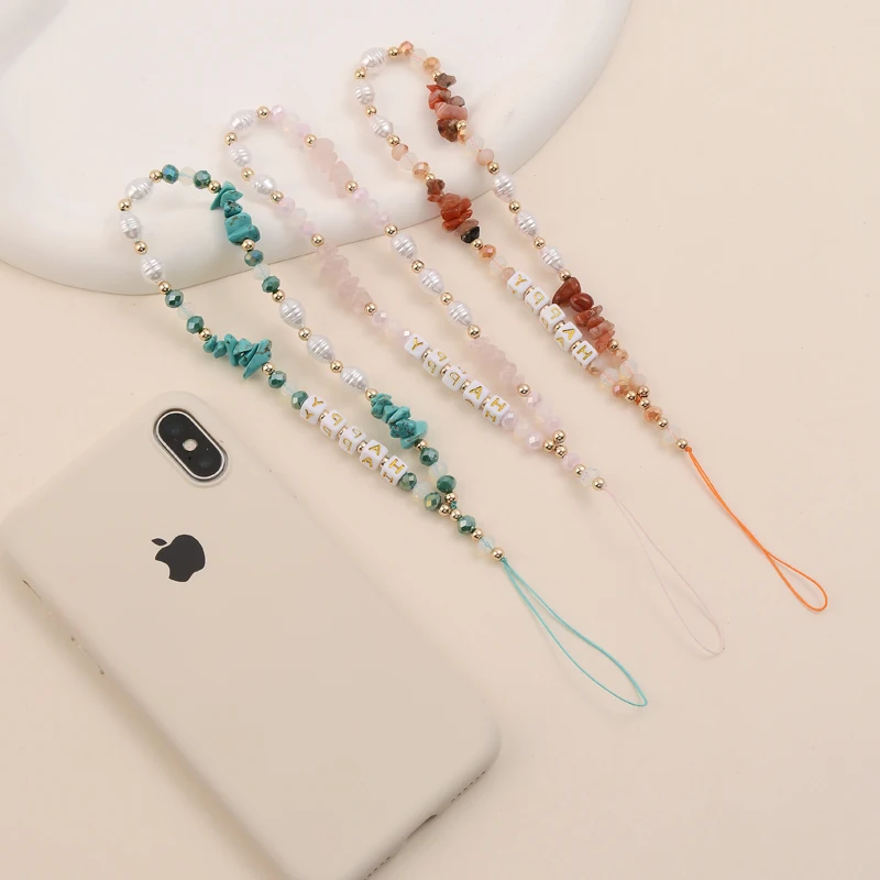 2022 Fashion Colored Gravel Beads Pearl Phone Chain Classic Happy Acrylic Alphabet Beads Anti-lost Phone Chain For Women Jewelry