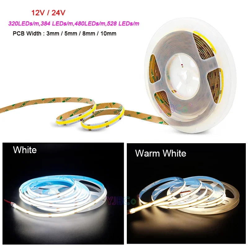 

5m White/Warm White COB LED Strip Tape 12V/24V High Density Flexible soft Bar FCOB Lights 320/384/480/528 LEDs/m Linear Dimmable