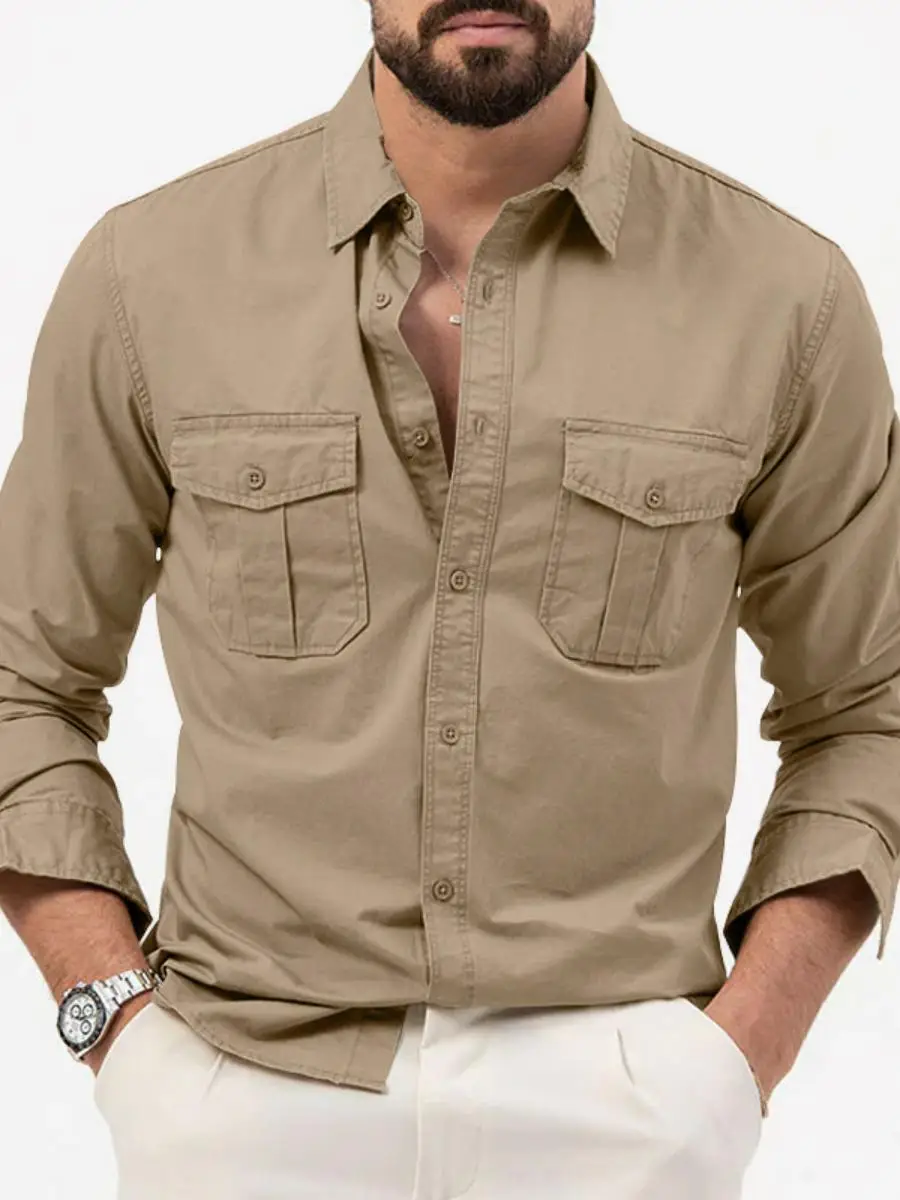 Autumn plus Size Long Swedish Shirt Men's Pocket Lapel Thickened Fleece Collar Pure Color Special Wide Fit Men's Shirt view 5