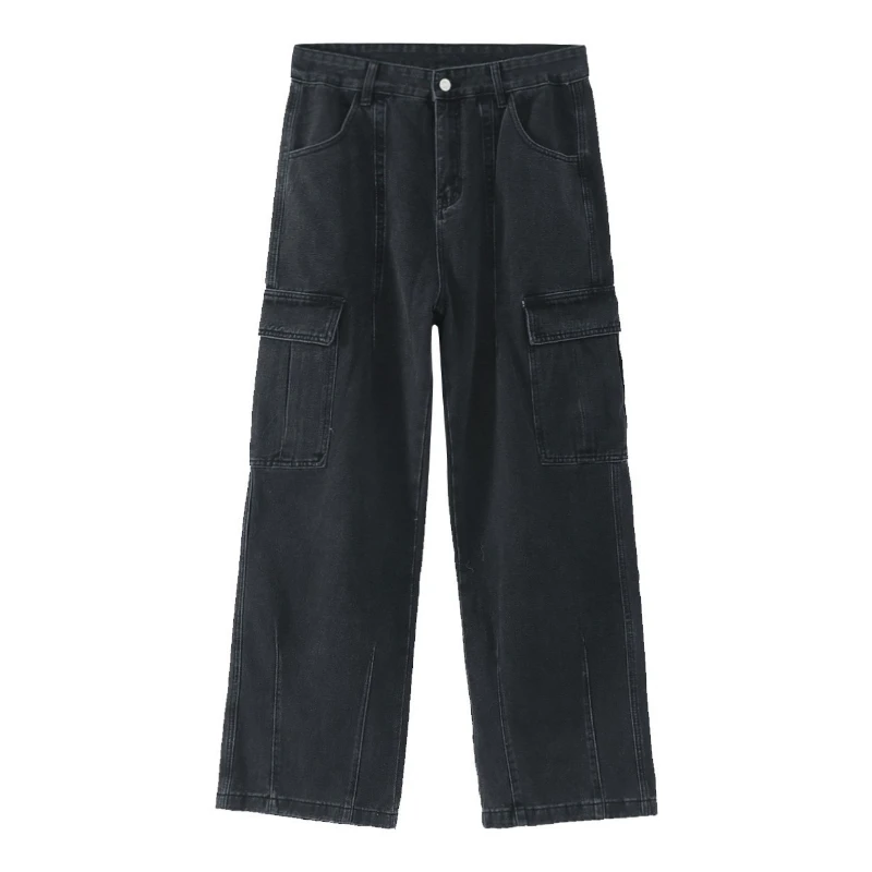 

Cargo Denim Pant Men Jeans Vintage Straight Pants High Waist Distressed Trousers Pocket Y2k Streetwear Splice Casual 2026 Spring