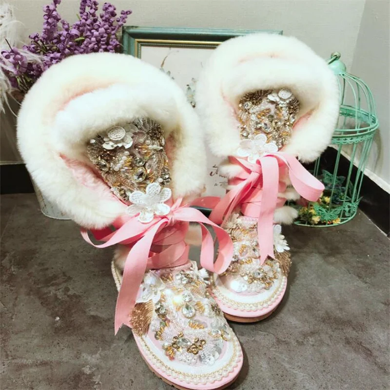 Pink custom high tube lace-up natural rabbit hair snow boots Rhine diamond women\'s fur one large size cotton shoes 35-44