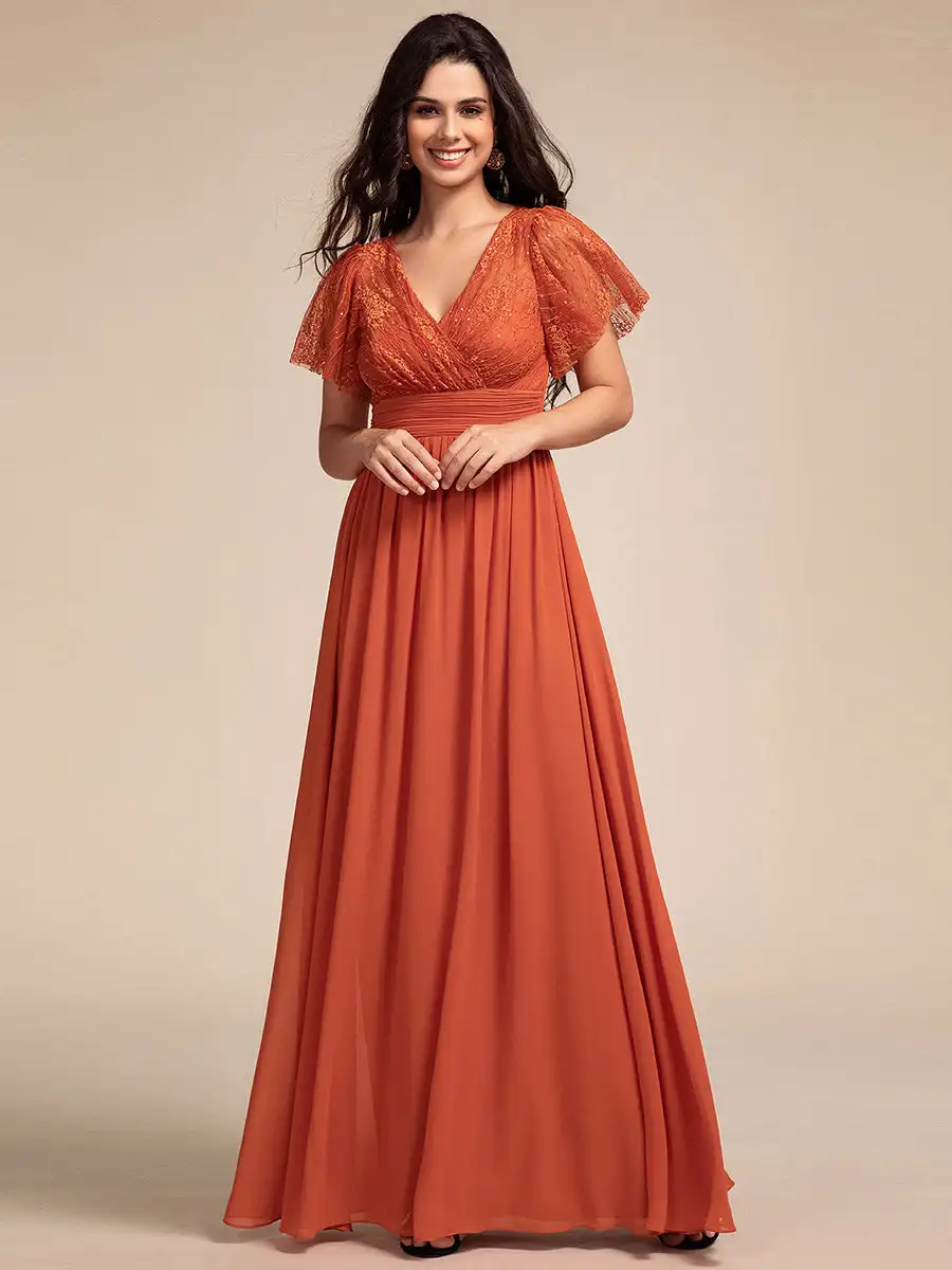 Elegant Evening Dresses Embroidery Glitter See-Through Lotus Leaf Sleeves 2024 Ever Pretty of Burnt Orange Bridesmaid dress