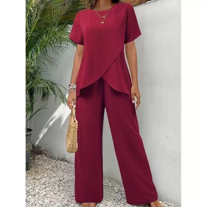 

2 pieces women sets 2026 summer short-sleeved irregular round-neck loose top+casual solid color pant sets women's clothing