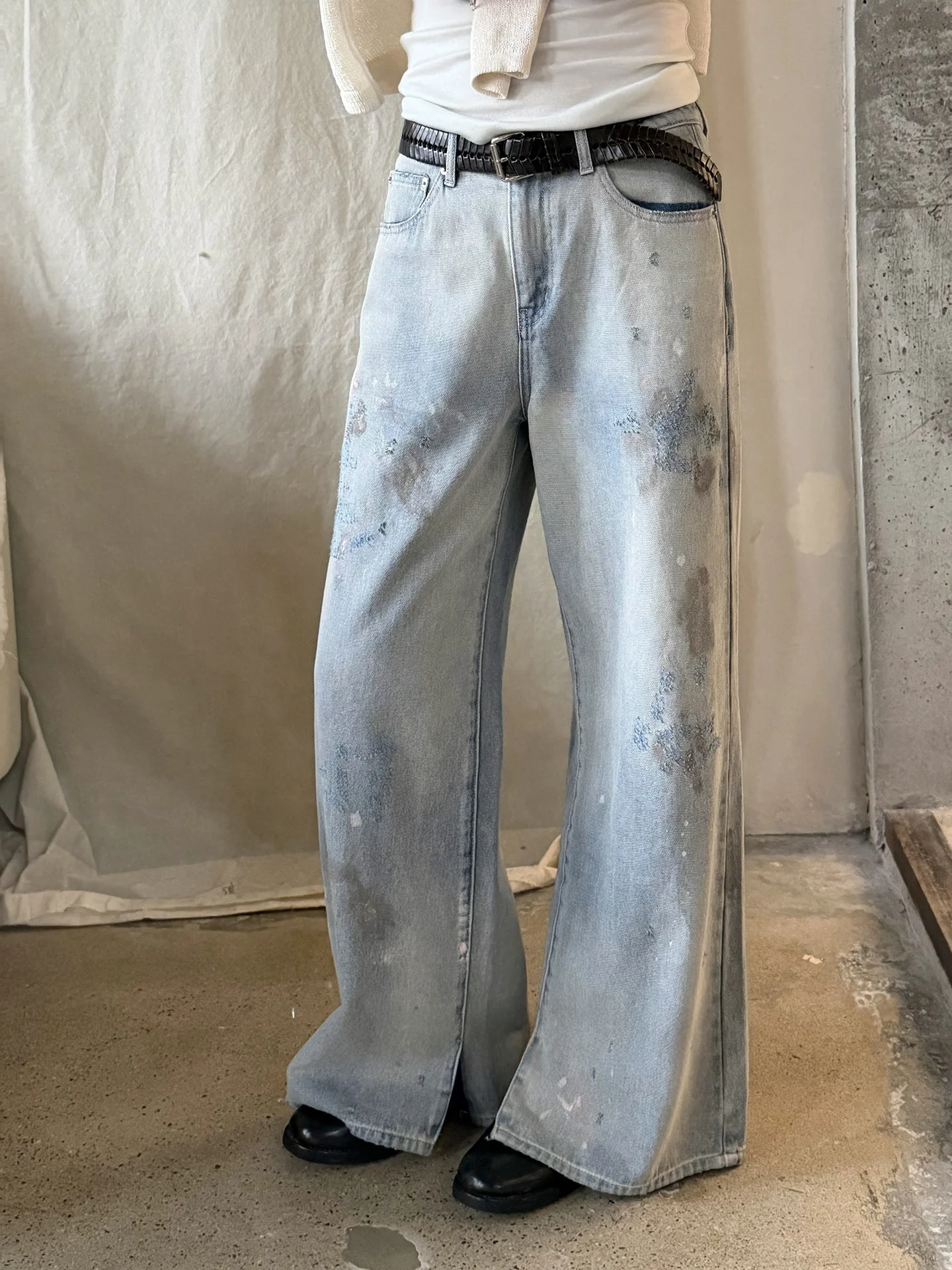 

Женские джинсы с широкими штанинами и разрезами на талии, с эффектом брызг краски, с застежкой-пряжкой в стиле Париж, из хлопка, с натуральной талией, на пуговицах