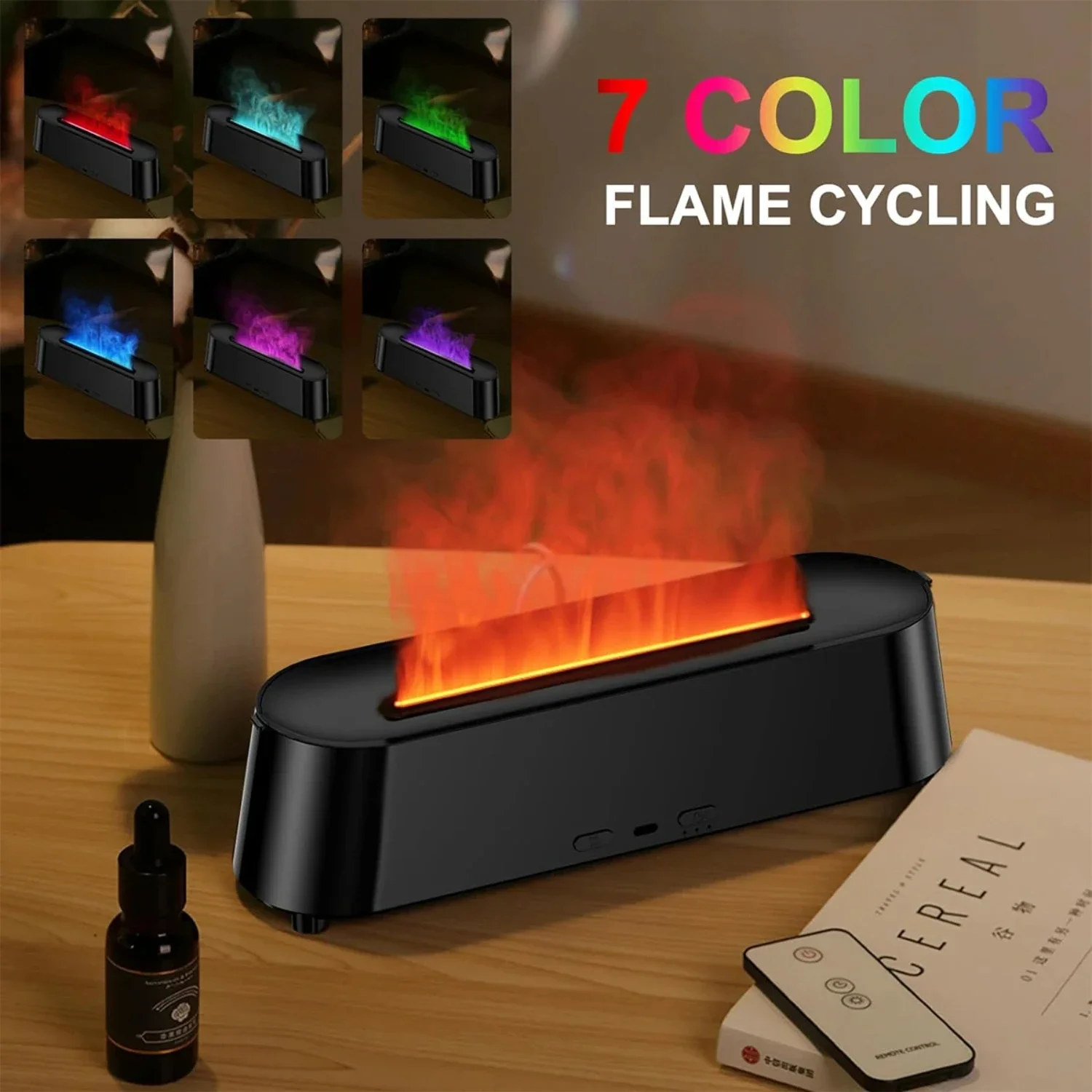 Mini Diffuser with Remote Control for Household Bedroom - Popular 7 Color Flame Humidifier with Atmosphere Light Included