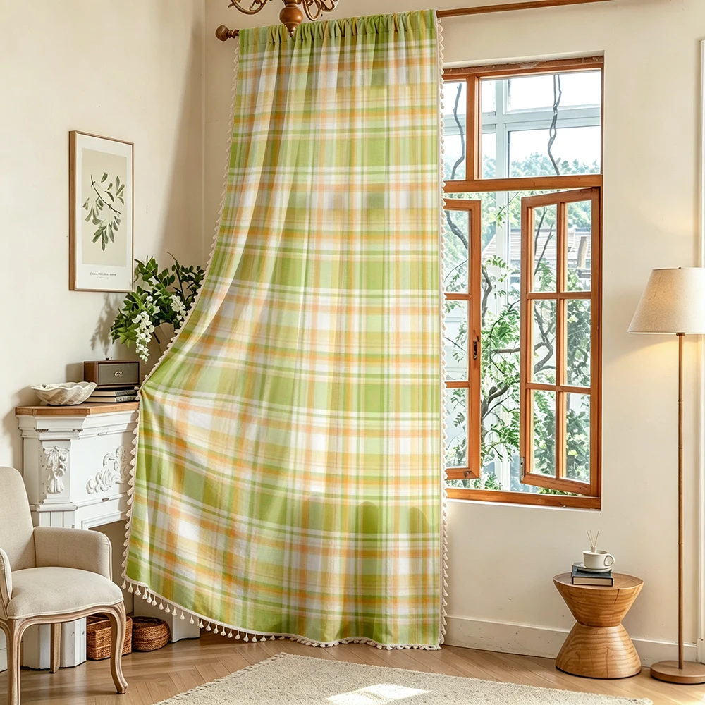 1PC Plaid Tassel Sheer Curtains, Green Orange Checkered Gingham, Digital Print, Polyester, Bedroom Living Room Decor Rod Pocket