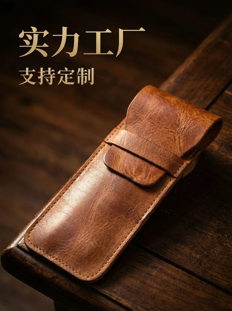 Cowhide Pen Case Holder Handmade Fountain Multi Pens Pouch Vegetable tanned leather Simple Pen Protective Sleeve Cover