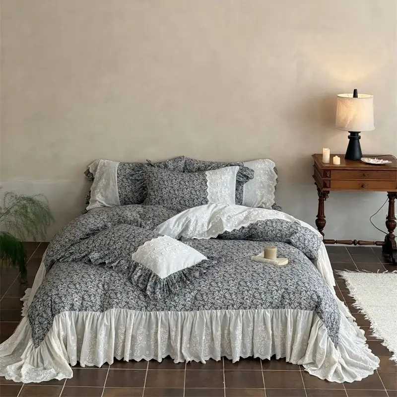 Vintage French Flowers Prints Lace Ruffles Double Layer Yarn 100% Cotton Bedding Set Duvet Cover Flat/Fitted Sheet Pillowcases