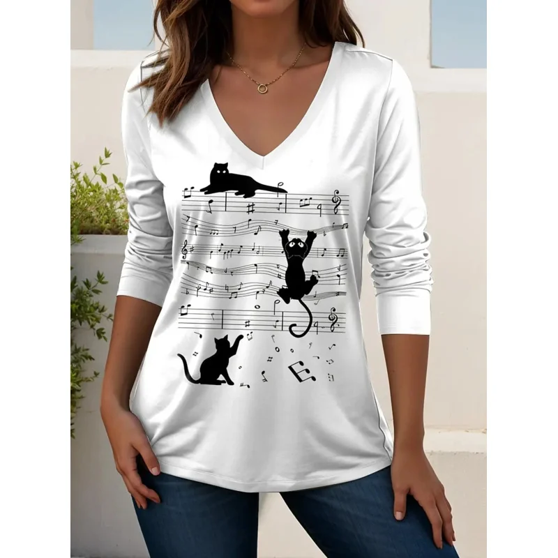 2025 المرأة تي شيرت مهرجان الموسيقى الجرافيك موضة أنيقة تيز كم طويل تي شيرت الخامس الرقبة العادية بلايز بلوزة كاجوال الخريف