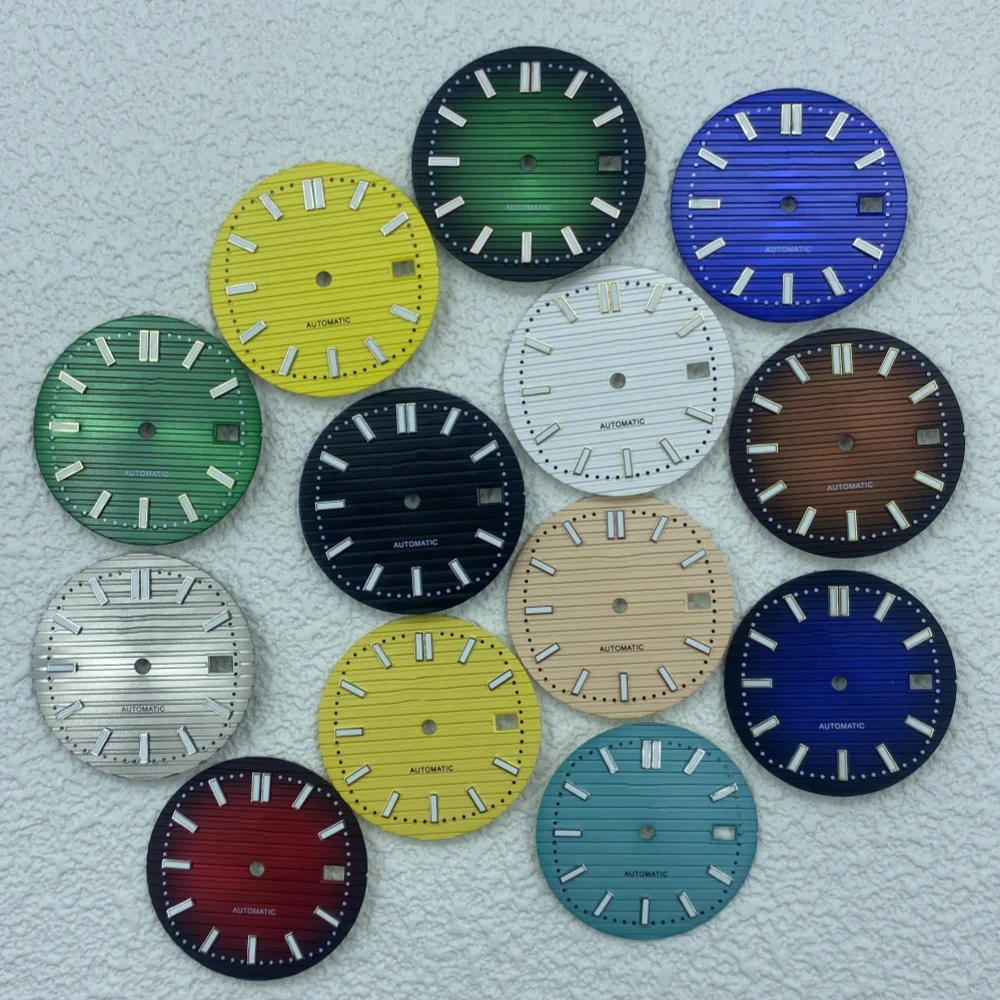 Accesorios de reloj con esfera S de 30,5mm, fideos con letras Nautilus tachonados, esfera de calendario luminosa verde para movimientos NH35/NH36