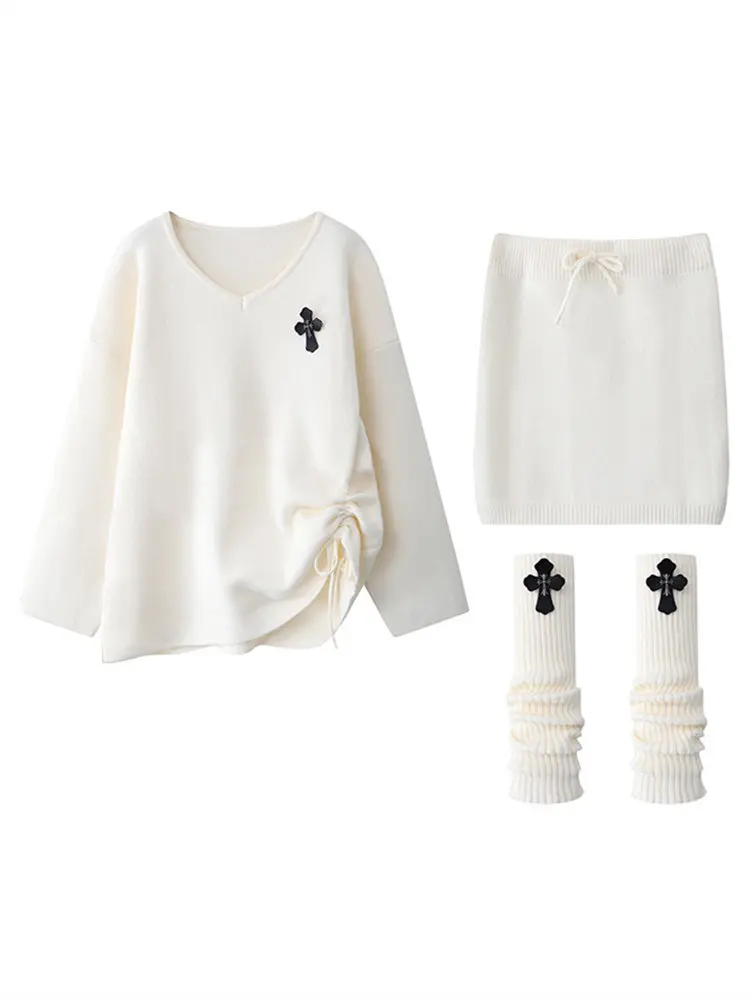 

Корейский оригинальный вязаный комплект: юбка и свитер с V-образным вырезом для женщин. Новинка. Модный весенний образ (OOTD).