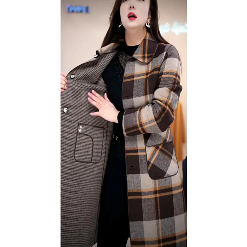 Double sided cashmere coat for women in the autumn and winter of 2023. High quality plaid woolen medium length coat for both sid