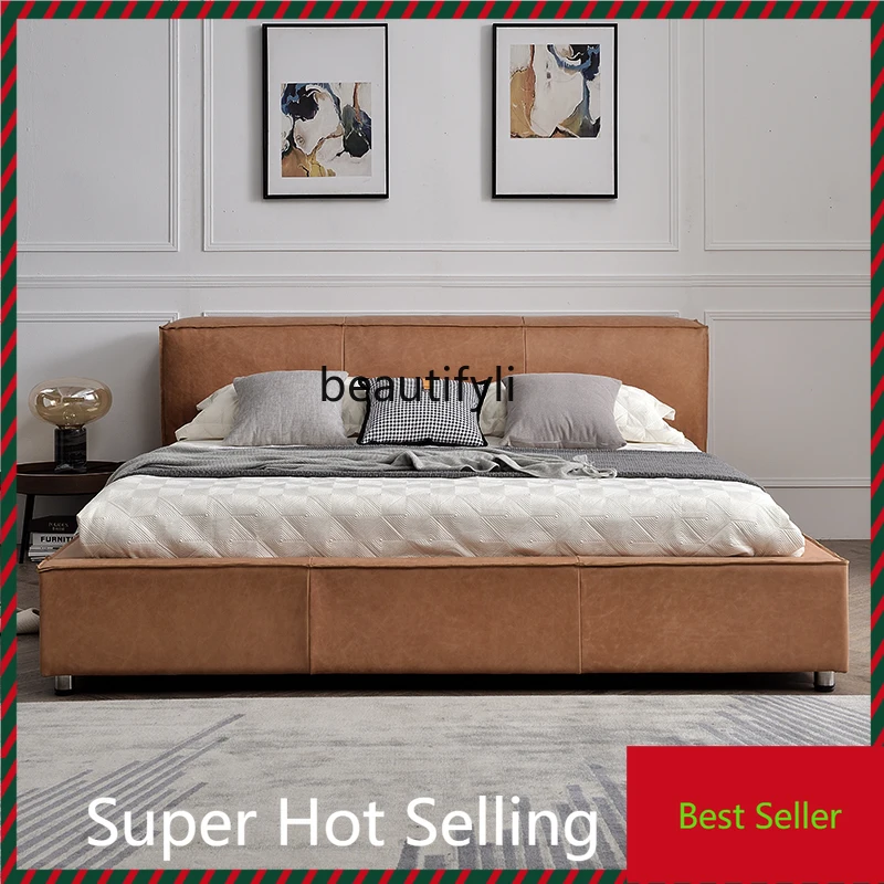 A71 Nordic leather double bed 1.8 meters first layer cowhide master bedroom residential furniture)