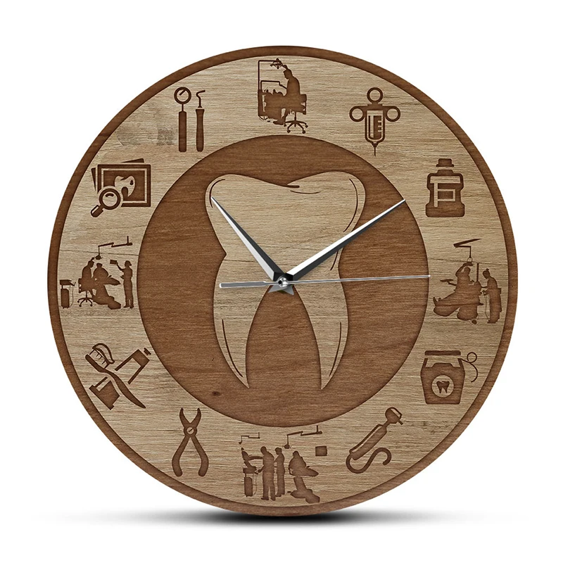 Wood Texture Wall Clock Dental Design Acrylic Print Clock Silent Move Wall Watch Dentist Clinic Decor Hygienist Dentist Gift