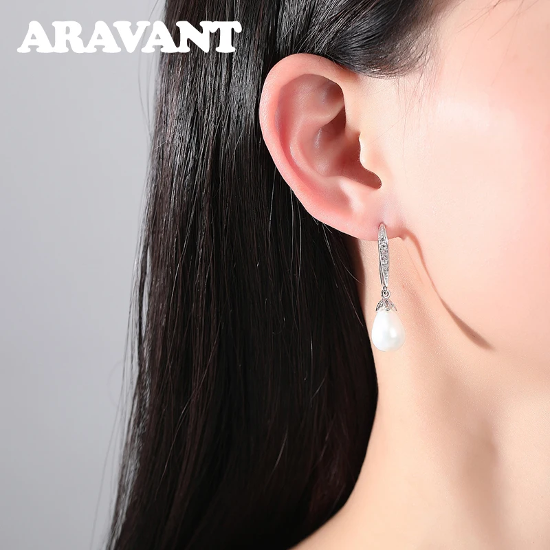 Aravant 925 Silver 10mm Pearl Drop Earrings For Women Wedding Jewelry