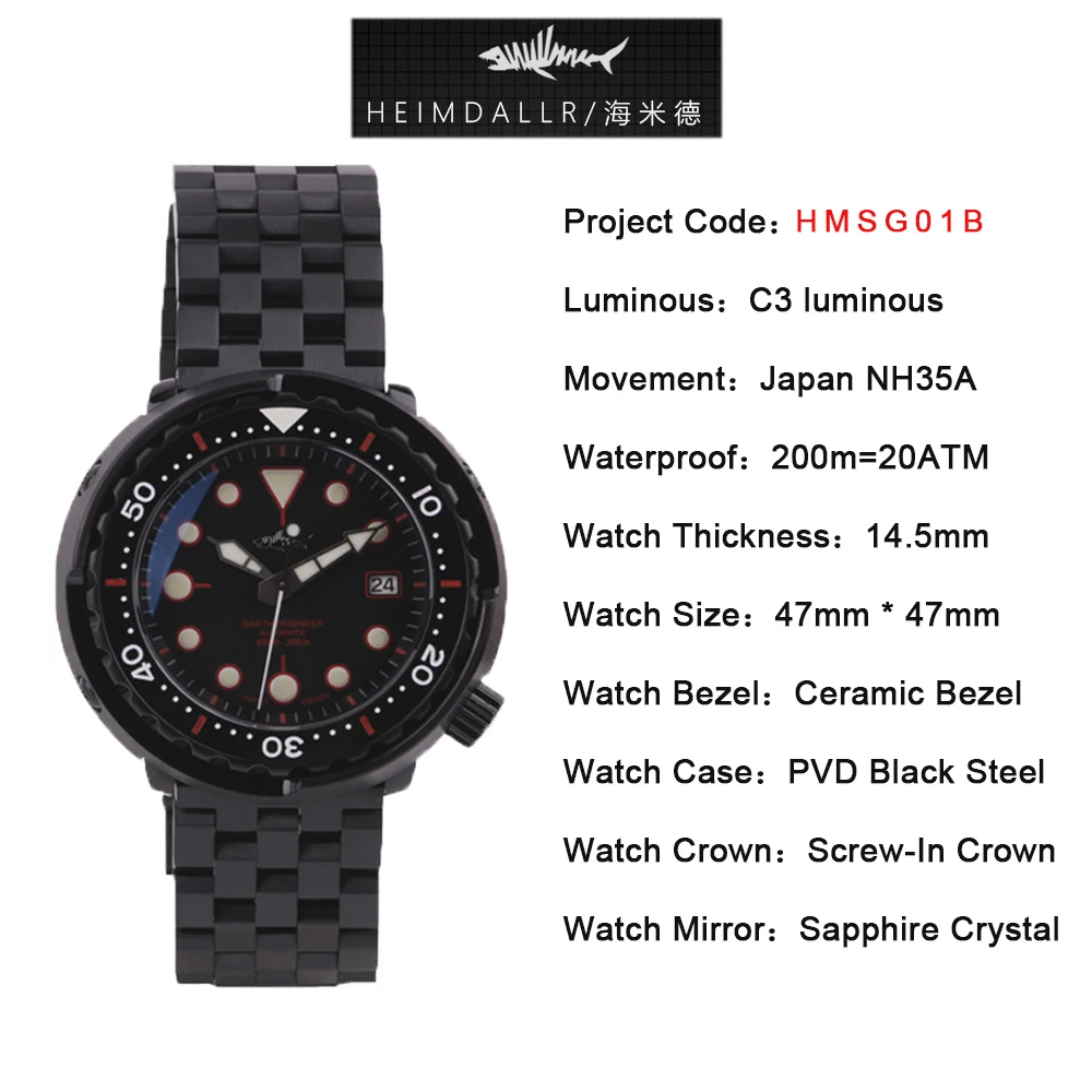 Zegarek męski HEIMDALLR NH35A automatyczny mechaniczny 200m zegarek dla nurka Sapphire C3 Super świecąca tarcza czarny pokrowiec na PVD