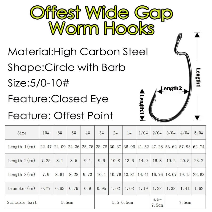 Fishing Offset Worm Hook Offset Fishing Hooks Round Bend Offset Worm Hooks Wide Gap Hooks with Barbed Shank Jigs