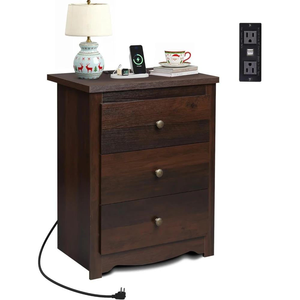 

Nightstand, Tall Wood Bedside Table with 3 Drawers, 2 USB Ports and Outlets, End Side Table for Bedroom, Closet, Espresso