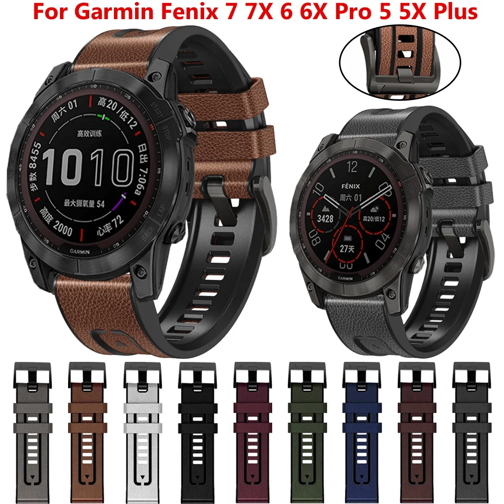 Quickfit Wristbands Leather Silicone Strap For Garmin Fenix 7 7X 6 6X Pro 5 5X Plus 3 3HR 945 22 26mm Smartwatch Bands Bracelet