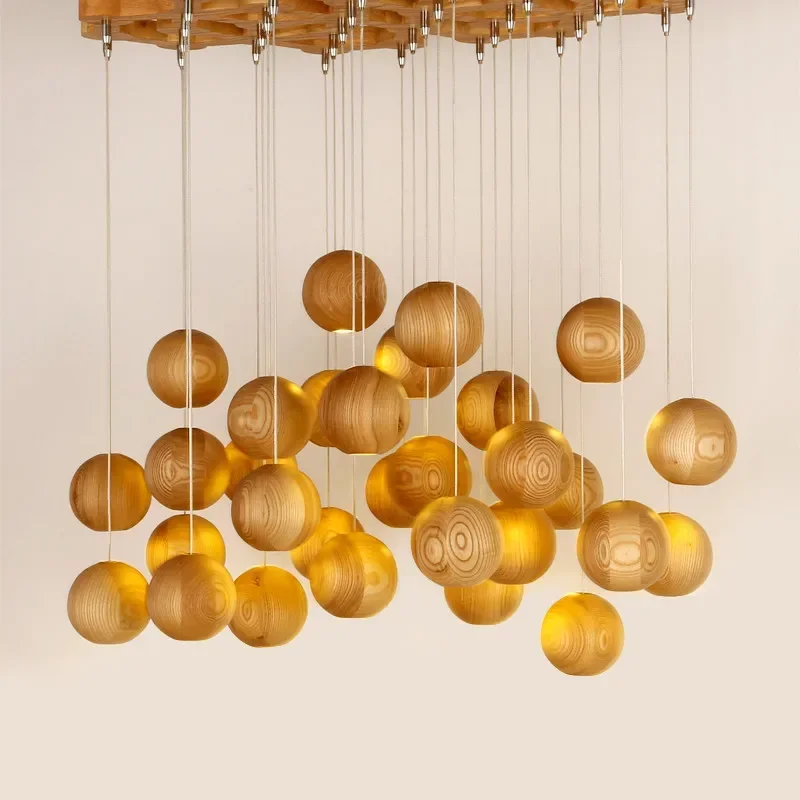 In the Nordic art creative personality hotel living room lighting log wood ball LED simple restaurant chandelier