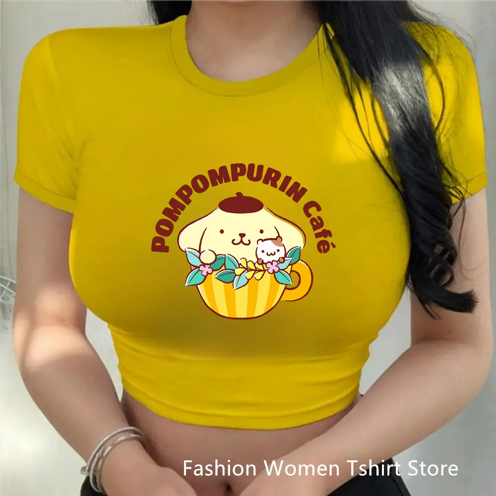 Pom Pom Purin T-Shirt Damen schlanke Ernte Top Cartoon Katze lässig T-Shirt Y2k Top Streetwear sexy Tops kurze Nabel weibliche Kleidung