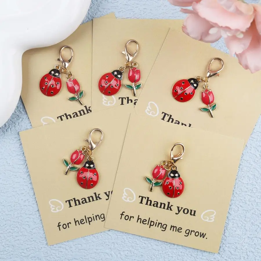 1/5/10/20/50/100pcs s/s Cute Mini Ladybug Tulip Keychain, with Thank You for Helping Me Grow Gift Card - Perfect for Teachers, F