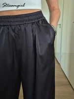 Luxury Wide Leg Satin Pants For Women Trousers With Pockets Black Women's Pants And Trousers Brown High Waist Baggy For Ladies - Image 6