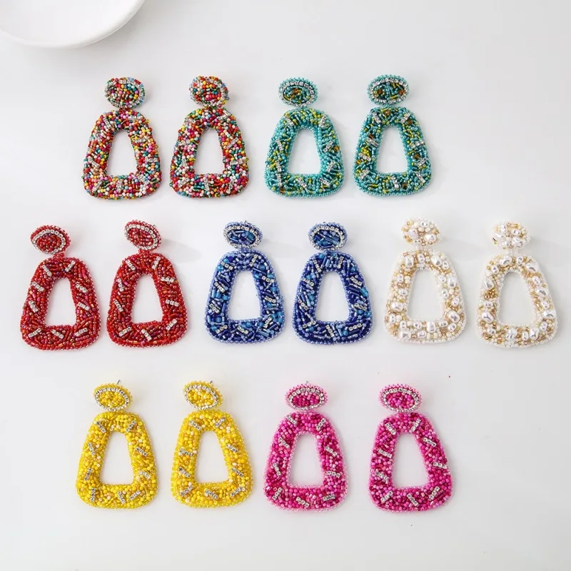 ZGMXR Rice bead earrings Sewing Geometry Hand-woven Alloy Simple Fabric upholstery Bohemia Colorful Woman Beaded earrings