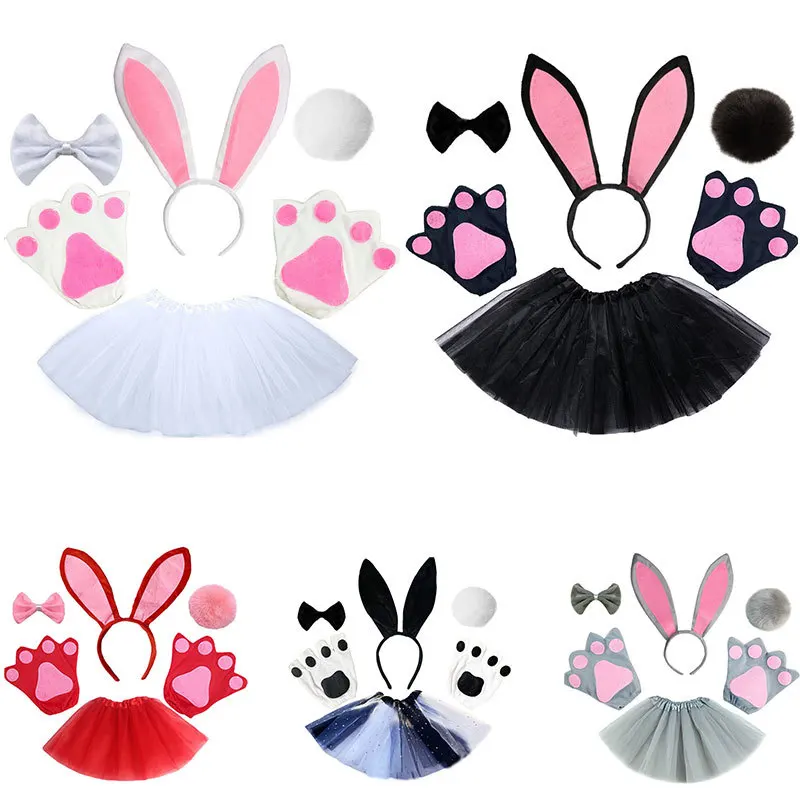 الأطفال الفتيات الأبيض أرنب زي الأرنب اللباس مجموعة الإكسسوارات آذان أرنب الشعر الأطواق عقال ربطة القفازات توتو تنورة