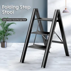 3 Step Folding Step Stool Anti-slip Wide Pedal 330lbs Aluminum Alloy Multifunction Step Ladder Storage Shelf Flower Pot Stand