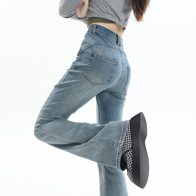 

Women Jeans Cotton Denim Flared Pants Elastic Force Vintage Streetwear High Waist Slim Mom Harajuku Trousers