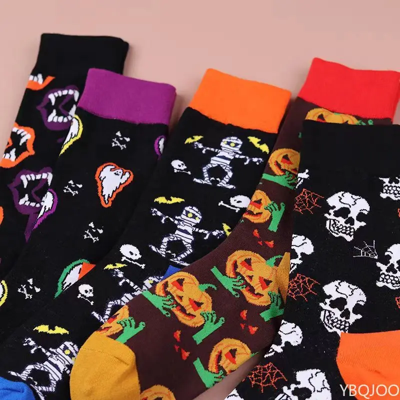 5 Pairs Spring and Autumn Fashion Halloween Niche Personality Pumpkin Mid Tube Socks Trend Versatile Breathable Men's Socks