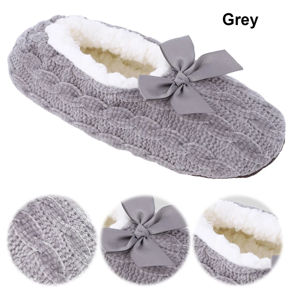 Ballerina Slipper Socks Non-Slip Knit House Slippers Cute Winter Warm Indoor Floor Shoes with Bow Soft Plush Slippers for Women