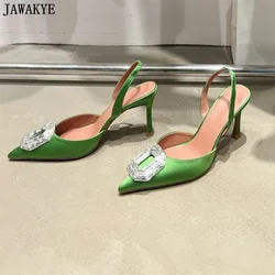 2023 popularnych satynowych sandały na wysokim obcasie kobiet metalowych kryształowe dekoracje buty designerskie eleganckim szpiczastym noskiem buty do biura kobiet