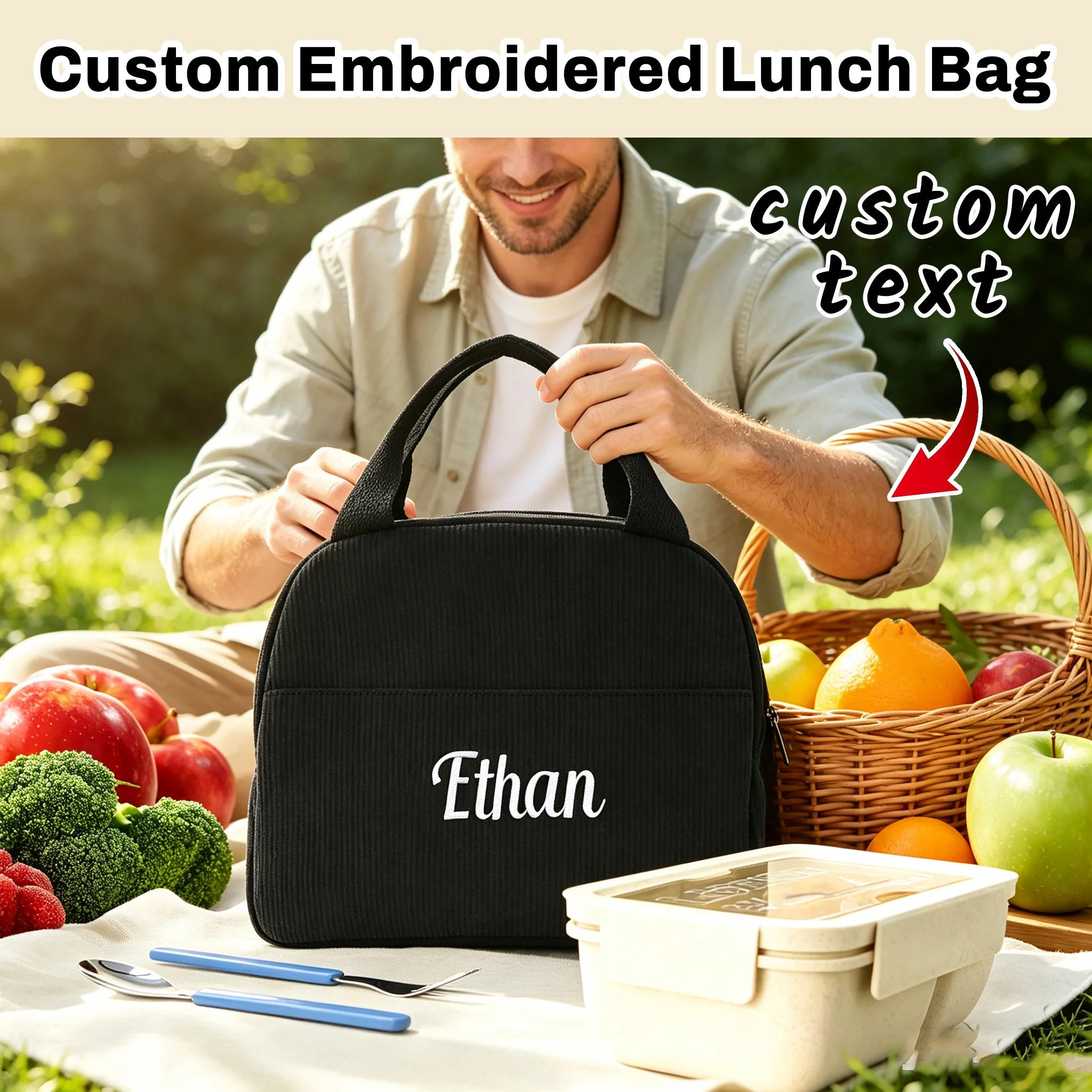 Personalized Embroidered Insulated Lunch Bag, Portable Handheld Lunch Tote Bag, Reusable Thermal Cooler Bag for Office Workers,