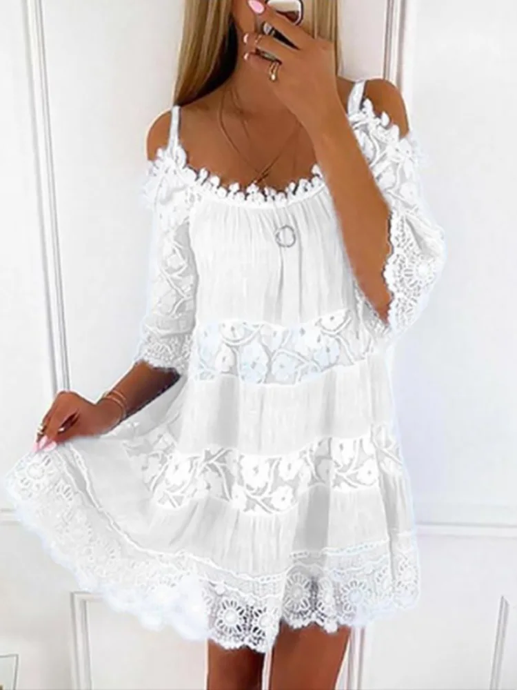 Women Lace Round Neck Mini Dress Spring Summer Hollow Out Short Sleeve Patchwork Dress Loose Off Shoulder Beach Dress Vestidos